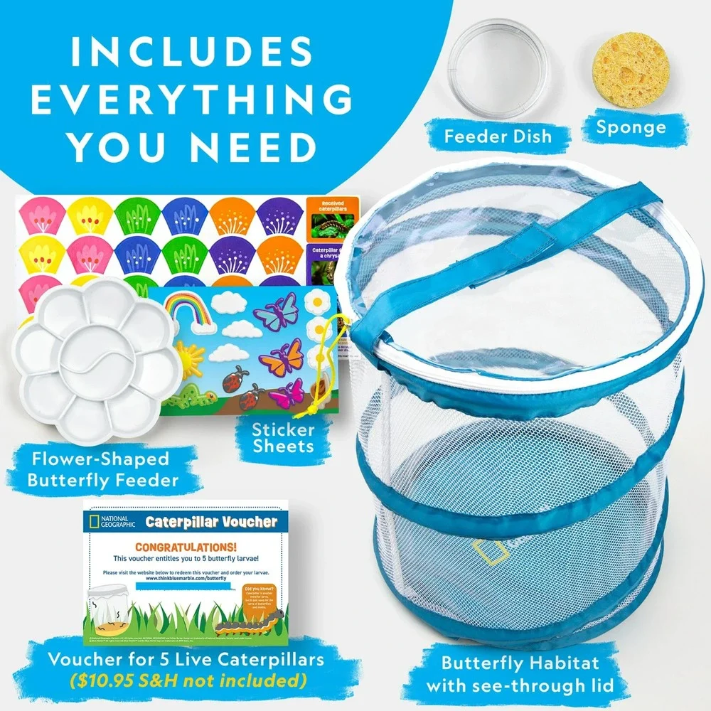National Geographic Butterfly Growing Kit Feed & Grow‎ Real Caterpillars Habitat